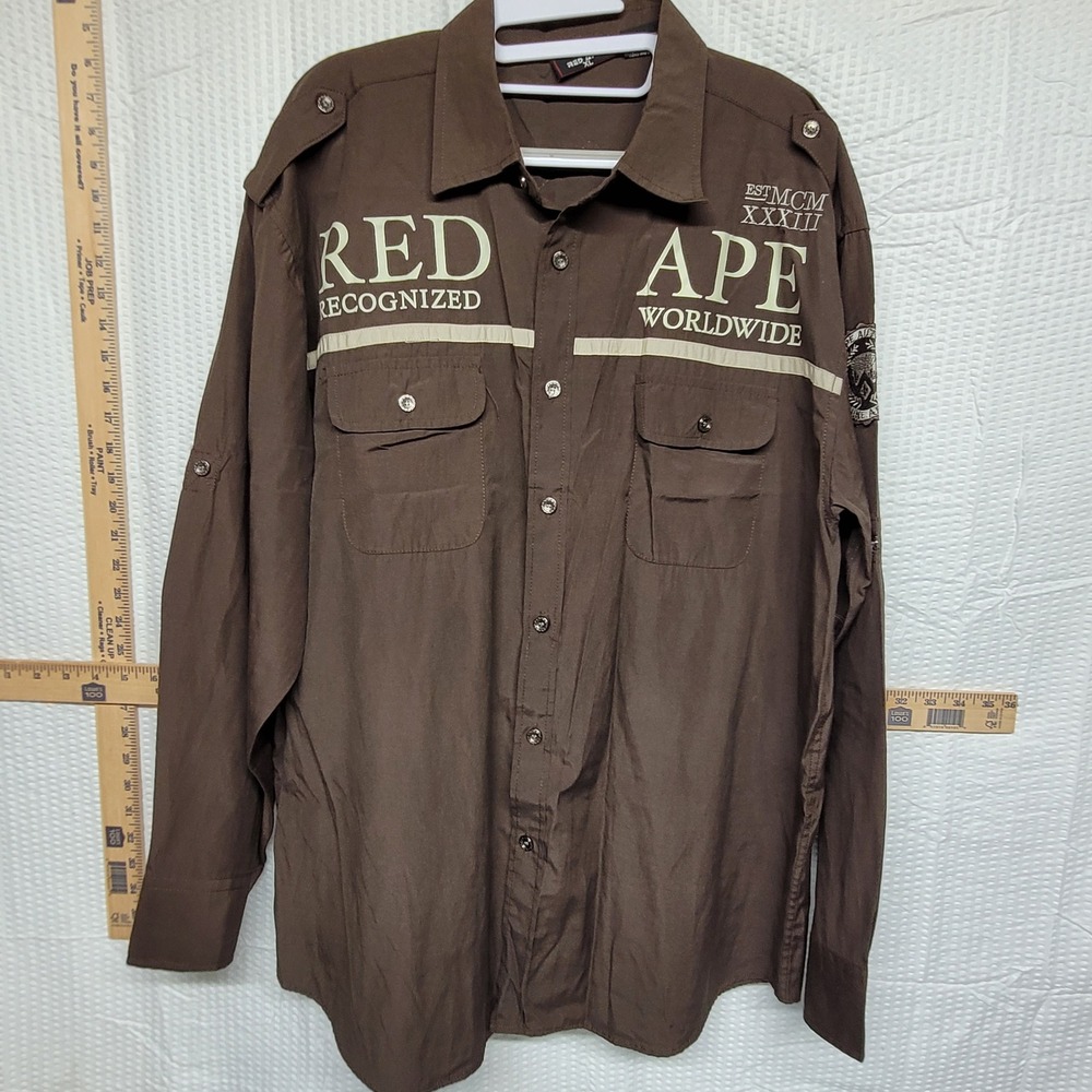 Red Ape Worldwide Mens XL Brown Graphic Button Down Urban Streetwear MCMXXXIII